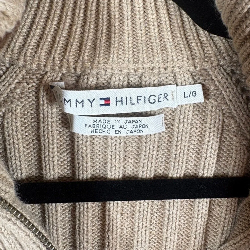 Vtg Tommy Hilfiger Womens Y2K Preppy‎ Rib Full Zip Cotton Sweater Lg Tan Acadmia